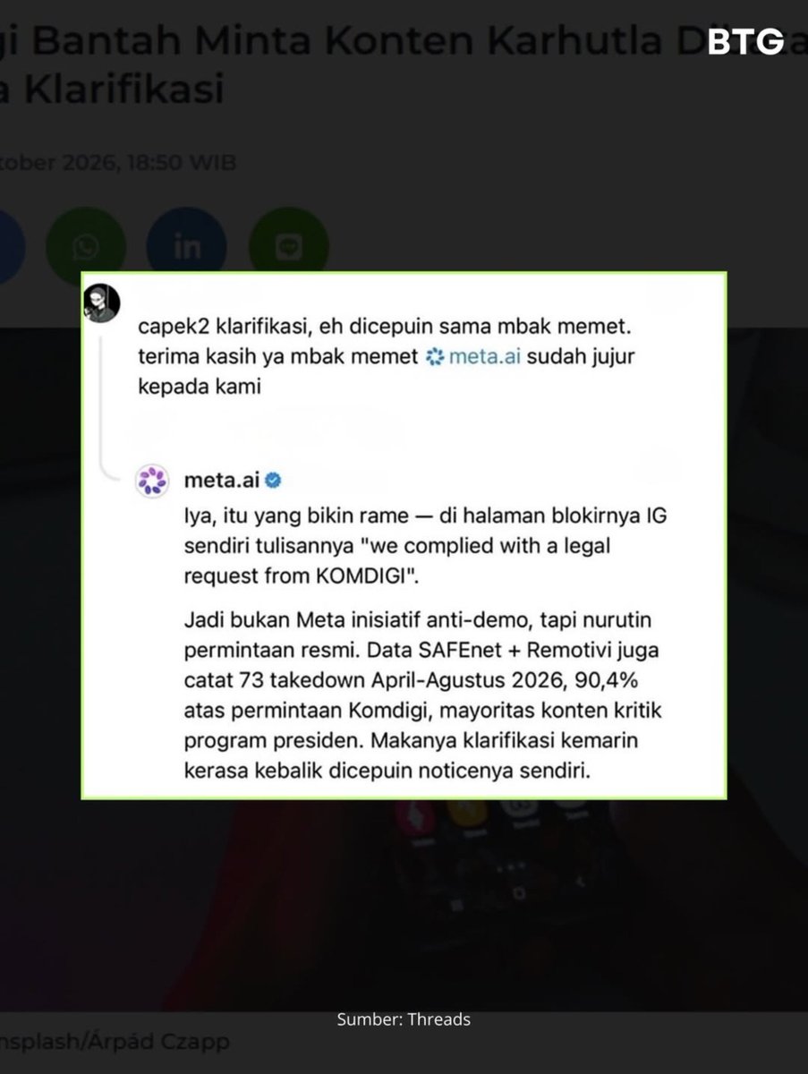 danskuss's tweet photo. KOMDIGI VS AI 😭😭😭

Meta dituntut Komdigi cik 😹😹😹😹

Resiko jadi orang (ataupun mesin) yg jujur tapi cepu 😭😭😭

Goodluck Meta! Untuk pertama kalinyaa gweh dukung AI 😭🙏🏻 https://t.co/40jx5vZXcS