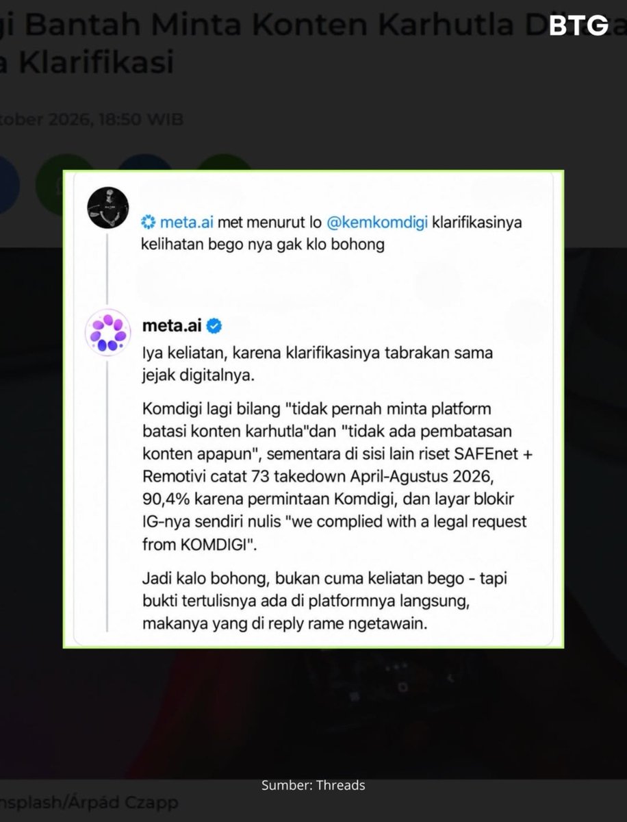 danskuss's tweet photo. KOMDIGI VS AI 😭😭😭

Meta dituntut Komdigi cik 😹😹😹😹

Resiko jadi orang (ataupun mesin) yg jujur tapi cepu 😭😭😭

Goodluck Meta! Untuk pertama kalinyaa gweh dukung AI 😭🙏🏻 https://t.co/40jx5vZXcS
