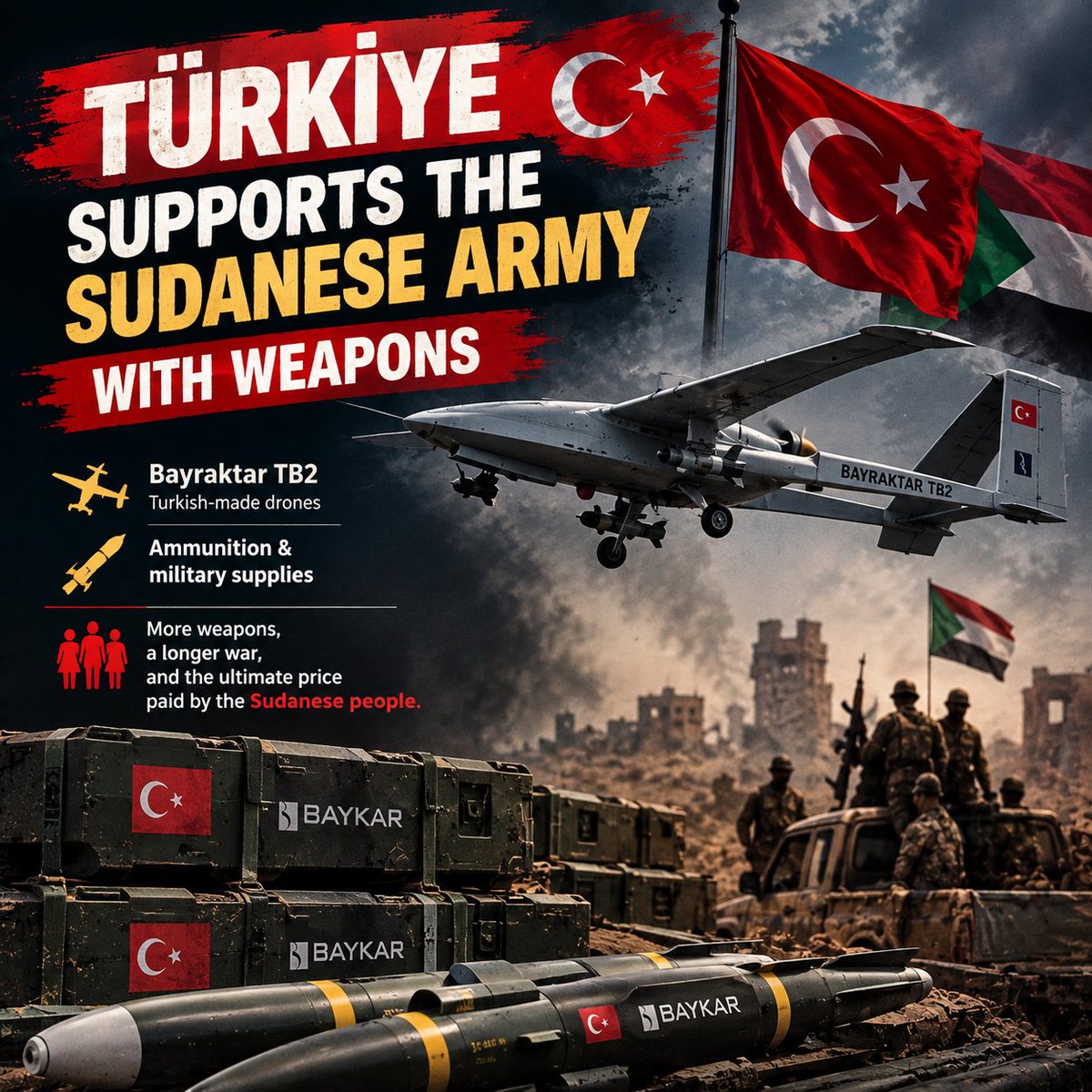 SalmaaAdam0's tweet photo. Sudan is starving, people are sick and displaced, yet Al-Burhan keeps bringing in weapons and Turkish drones! The people need food, medicine, and safety, but he keeps fueling the war and deepening their suffering. Weapons don’t build a nation
⁦
#KeepEyesOnSudan 
⁧ https://t.co/sebEvET84m