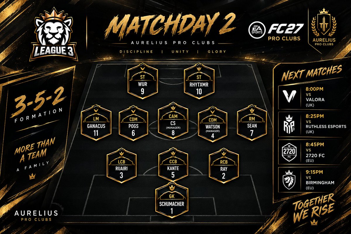 Aureliu_eS's tweet photo. Gameday 2 | Lineup 🏟

GK: xrlmscsf7 | 🏴󠁧󠁢󠁥󠁮󠁧󠁿
LCB: Ruairi | 🇳🇬
CCB: Kante | 🇪🇬
RCB: Ray | 🇮🇪
LM: Ganacus (CM) | 🏴󠁧󠁢󠁥󠁮󠁧󠁿 
RM: Sean | 🏴󠁧󠁢󠁳󠁣󠁴󠁿
CDM: Watson (M) | 🏴󠁧󠁢󠁥󠁮󠁧󠁿
CDM: Pogs | 🏴󠁧󠁢󠁥󠁮󠁧󠁿
CAM: CS (M) | 🏴󠁧󠁢󠁥󠁮󠁧󠁿
ST: Wur | 🏴󠁧󠁢󠁥󠁮󠁧󠁿
ST: Rhytxmr_ | 🇬🇧

#VPG #Matchday2 #Lineup https://t.co/hGe4bFHKsO