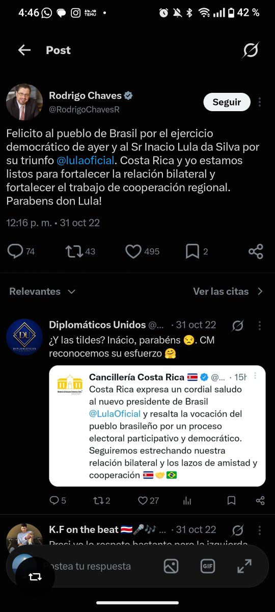 YuniSolimi's tweet photo. @MjfJorge @CRcancilleria En realidad detalle a saber que paso con la relación entre ellos porque Rodrigo felicito a Lula con todo cuando gano la presidencia pero Lula nunca los felicitó de forma explicita (siempre fue en silencio osea felicitaciones presenciales en la embajada) https://t.co/NHybUo4iVS