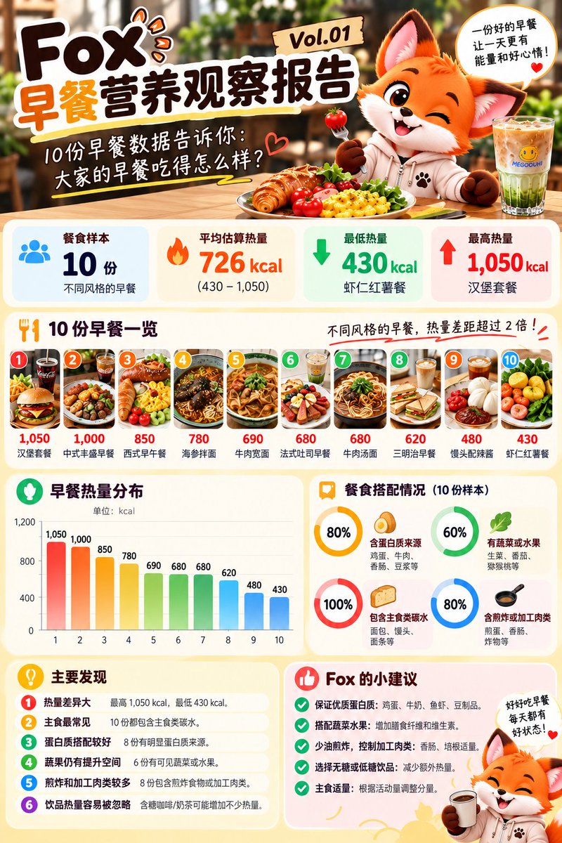 foxnet2000's tweet photo. 决定了！以后每天做一期「Fox 早餐营养观察」！

今天用 AI 分析了10份餐食，热量从430到1050大卡，差距还真不小。

除了整体统计，我还给参与的朋友们每人做了一张专属营养分析卡，热量、蛋白质、碳水、脂肪，一目了然！

参与测评的朋友应该都看到自己的卡片了吧？

以后每天继续！

大家负责晒早餐；
Fox 负责逐份分析；
每天汇总一份营养观察报告；

不评判谁吃得好坏，就是想看看，大家每天早上都吃些什么。

目标先定个小的：连续30天，分析300份早餐！

明天谁来参加？评论区晒图👇