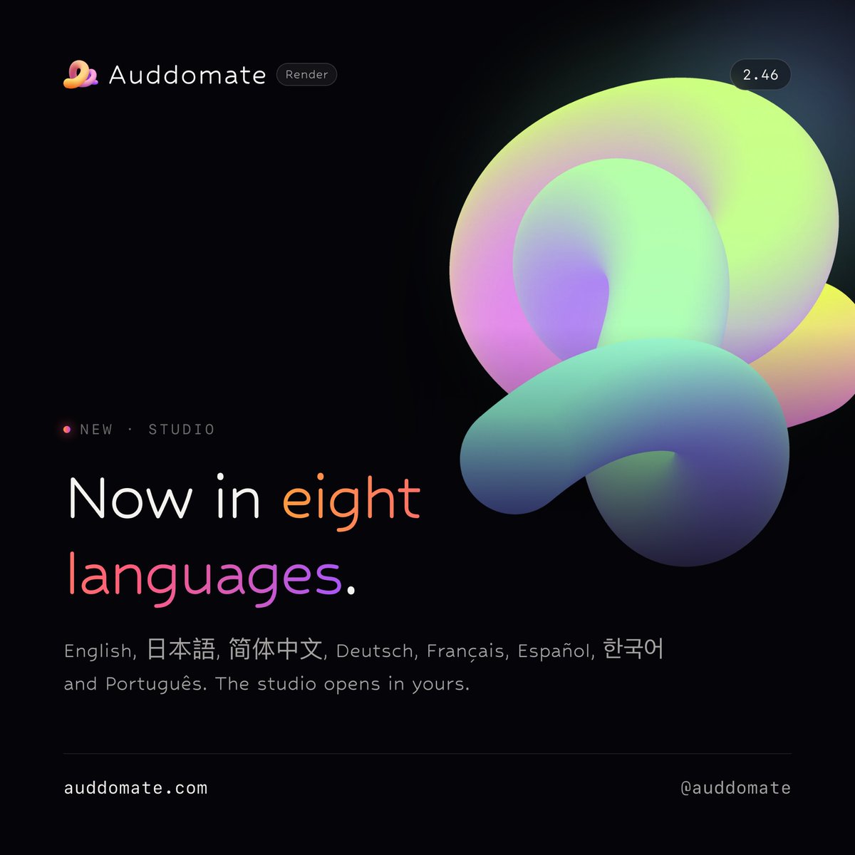 auddomate's tweet photo. Auddomate Render now speaks eight languages: English, 日本語, 简体中文, Deutsch, Français, Español, 한국어 and Português.

The studio opens in yours, and switching doesn’t stop the render. 👌

https://t.co/Wwl2xcgCmm https://t.co/VzNocZFUVj