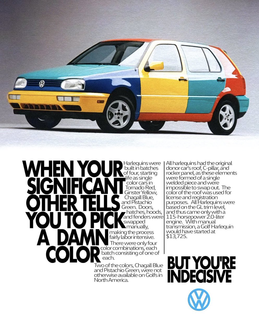 luusssso's tweet photo. In a day where everything seems to be the same color we need to remember that in 1996, Volkswagen released the Golf Harlequin in these colors

You can just do things https://t.co/K42a0KpXXL