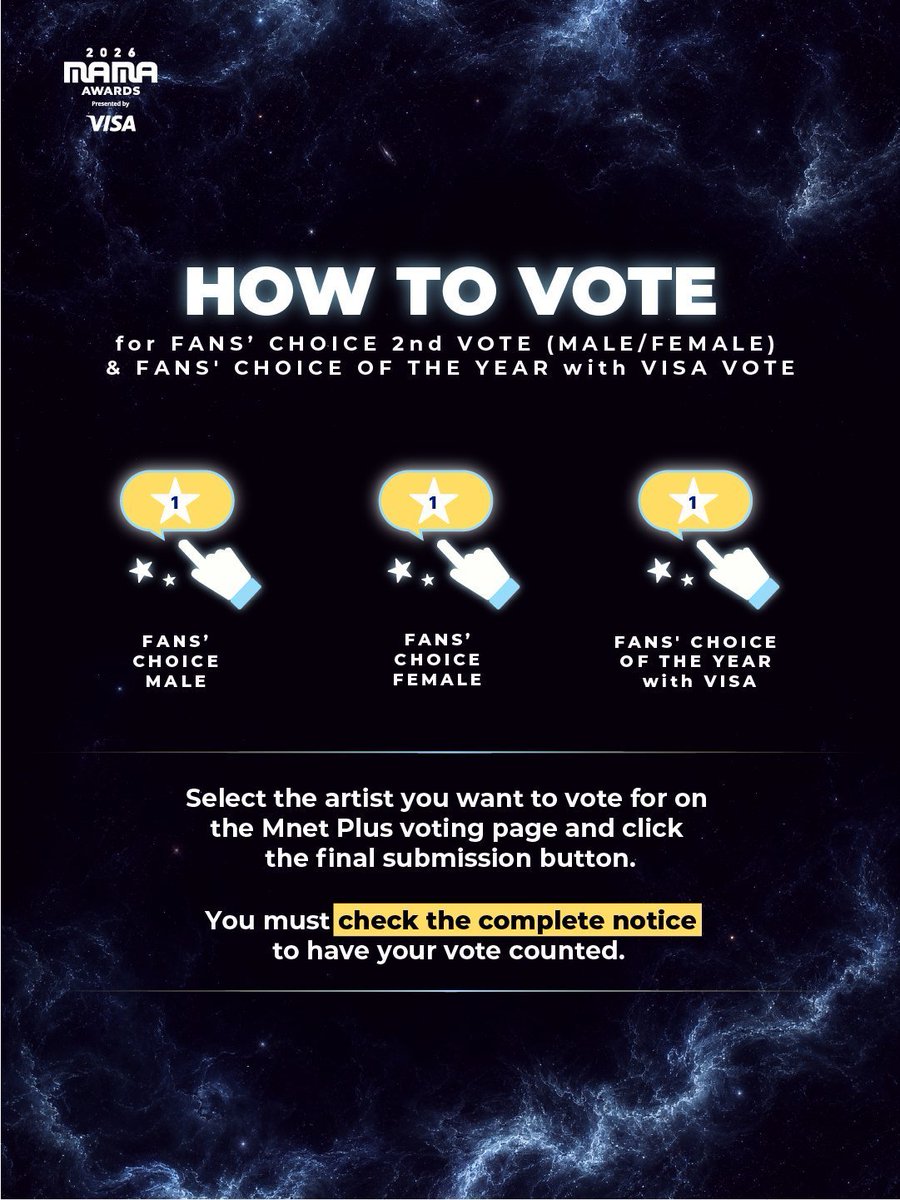 szykzz's tweet photo. 📢ENGENE, PLEASE RT & SHARE!

MAMA 2026 ROUND 2 VOTING GUIDE

🗓️ 28 October, 16.00 WIB – 8 November, 21.59 WIB

engene, please read carefully! Ada 3 kategori yang wajib dipilih dalam satu kali voting. Jangan sampai ada yang terlewat!

1️⃣ FANS’ CHOICE MALE (BONSANG)
Pilih ENHYPEN 🖤

2️⃣ FANS’ CHOICE FEMALE (BONSANG)
Pilih 1 female idol yang ingin kalian dukung atau yang sedang collab vote bareng kita

3️⃣ FANS’ CHOICE OF THE YEAR WITH VISA (DAESANG)

Pilih ENHYPEN lagi! Jangan sampai salah kategori karena ini adalah target DAESANG kita! 🏆

4️⃣ SUBMIT YOUR VOTE

Pastikan ketiga kategori sudah dipilih, lalu klik tombol Submit sampai sertifikat voting muncul sebagai bukti bahwa voting berhasil.

⚠️ IMPORTANT RULES
• Vote 1 kali sehari menggunakan 1 ID dan 1 perangkat, berdasarkan KST.
• Wajib memilih ketiga kategori agar satu putaran voting selesai.
• Hanya boleh memilih 1 artis di setiap kategori.
• Hasil Round 1 tidak digabungkan dengan hasil Round 2.
• Hindari metode atau akses abnormal karena vote bisa dianggap tidak valid.

Let's work together, ENGENE! Let's secure ENHYPEN's BONSANG and fight for their DAESANG! 🏆

#ENHYPEN #2026MAMAVOTE