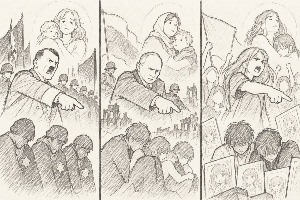 SFumoto's tweet photo. SNS上で漫画やアニメを批判するフェミニストとオタクの論争を見ていると、オタク側には女性を積極的に攻撃しようとする意思がほとんど見られないにもかかわらず、フェミニスト側が事あるごとに創作物へ難癖をつけ「自分たちは被害者である」という立場を利用して、作品や作者、さらにはそのファンにまで執拗な攻撃を加える光景を度々目にします。

実際に攻撃を仕掛けているのはフェミニスト側であるにもかかわらず「オタクは加害者」という一方的なレッテルを掲げることで、自らの攻撃行為を正当化しているのです。

客観的に見れば、他者の権利を侵害し、社会的な排除を推し進めているのはむしろ彼らの側ですが、長年にわたって展開してきた「自分たちは被害者である」という政治的な主張が一定の影響力を獲得した結果、被害者という立場が他者への攻撃を正当化する免罪符として機能し、立場の弱い個人や創作者を一方的に排除する構造が生まれています。

ヒトラーはユダヤ人を社会を蝕む悪として描き、ロシアはウクライナで同胞が迫害されていると主張して侵略を正当化しました。これらに共通するのは、自らを被害者や正義の側に位置づけ、特定の集団を悪と規定することで、その集団への攻撃や排除を正当化する論理です。

一部の過激なフェミニストが「自分たちは男性社会に虐げられている被害者である」という主張を根拠に、全く無関係の男性向けの創作物を差別や性暴力と結びつけ、作品や作者への攻撃を正当化する姿勢にも、同様の論理構造が見られます。