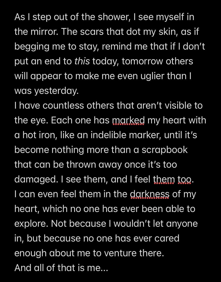 Missingstars_25's tweet photo. Just found that in my phone and I just wanna post it here for a while

TW sh !! Just a small part of a story I wrote years ago. Sometimes I go back to read it bc even tho I write like shit it still helped me when I was at my lowest. So thank you younger Angy ig https://t.co/sUvatcgew7