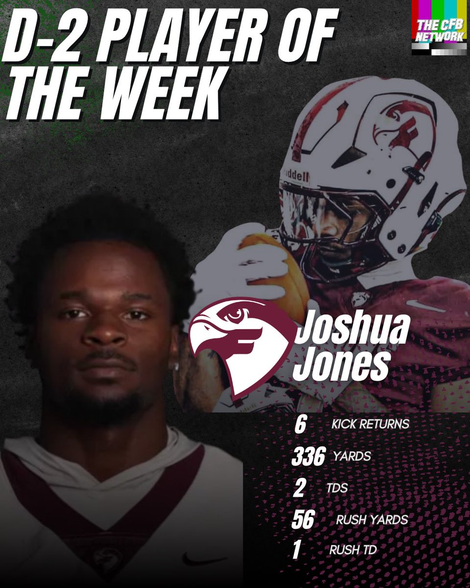 thecfbnetwork's tweet photo. Here are this week’s CFBNETWORK D-2 Players of the Week 

Offense: @EdwardWatersFB QB Tavion Faulk
Defense: @AssumptionFB LB Dante Vernieri
Co-Special Teams: @uwa_football WR Kendrick Joseph
Co-Special Teams: @FairmontStateFB RB Joshua Jones https://t.co/ux0Lspqyse