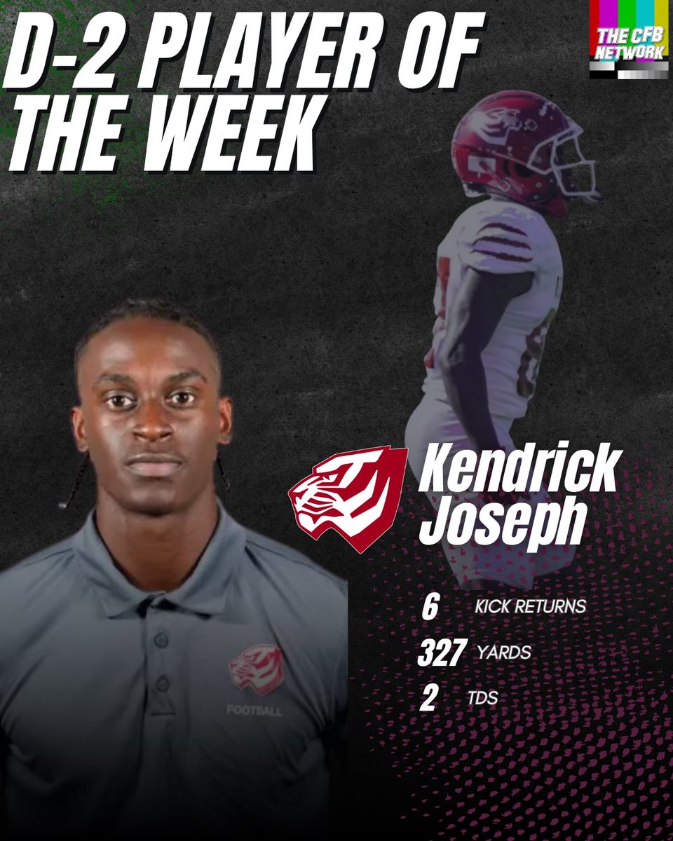 thecfbnetwork's tweet photo. Here are this week’s CFBNETWORK D-2 Players of the Week 

Offense: @EdwardWatersFB QB Tavion Faulk
Defense: @AssumptionFB LB Dante Vernieri
Co-Special Teams: @uwa_football WR Kendrick Joseph
Co-Special Teams: @FairmontStateFB RB Joshua Jones https://t.co/ux0Lspqyse