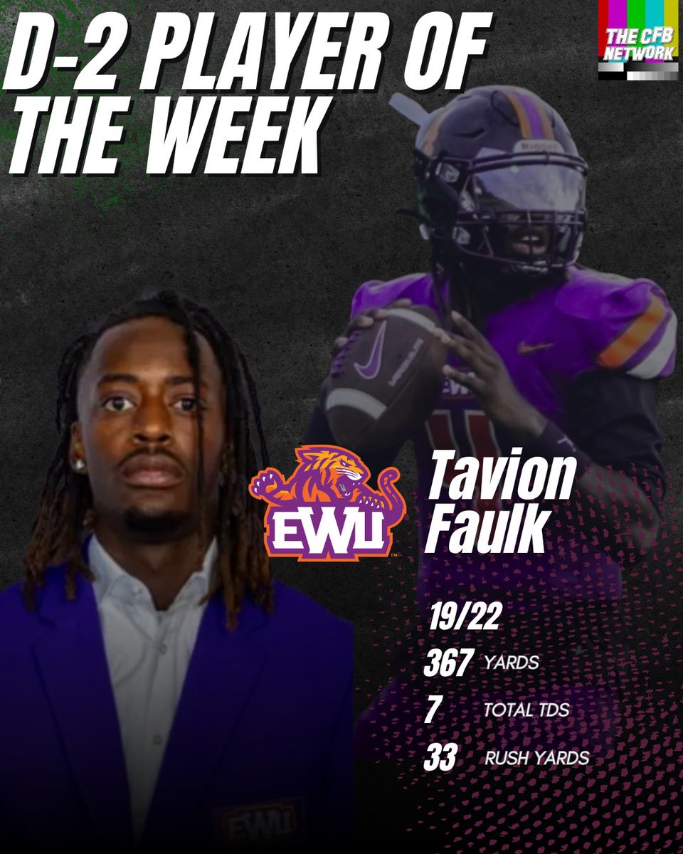 thecfbnetwork's tweet photo. Here are this week’s CFBNETWORK D-2 Players of the Week 

Offense: @EdwardWatersFB QB Tavion Faulk
Defense: @AssumptionFB LB Dante Vernieri
Co-Special Teams: @uwa_football WR Kendrick Joseph
Co-Special Teams: @FairmontStateFB RB Joshua Jones https://t.co/ux0Lspqyse