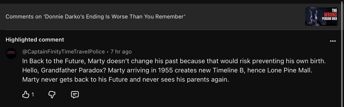 CaptainFinityTT's tweet photo. Fascinating new YouTube video about Scotty’s favourite movie ever: Donnie Darko

Except OP made the error of bringing up Back to the Future 

Big mistake ❌ https://t.co/teV1l40XMM