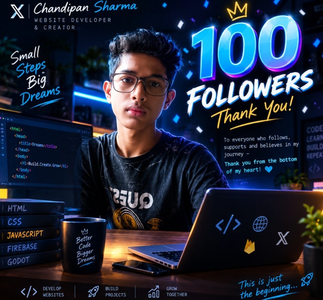 BSarma29234's tweet photo. 100 followers completed ๐๐๐๐ญ๐ญ๐ญ๐ญ๐ฅน๐ฅน
#BuildInPublic
#100DaysOfCode https://t.co/HIriE0cDTE