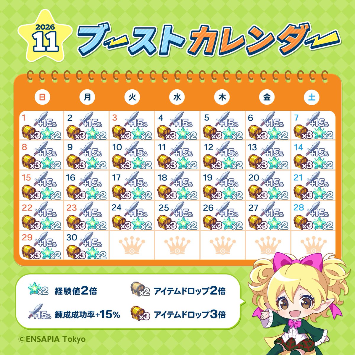 chocotto_info's tweet photo. 📢スペシャルブースト！！

10/28(水)から毎日
「経験値2倍」「アイテムドロップ3倍」「錬成成功率＋15％」🌟

チョコットランドを遊びつくそう！

▽詳細はこちら▽
https://t.co/EdgUbacjeC
#チョコットランド https://t.co/lvH1VUG9Uu