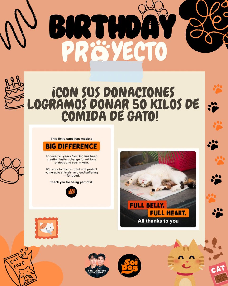FirstKhaoLatam's tweet photo. HBD 2026 FirstKhao &amp; Yuzumumu 🥳

To celebrate their birthdays @FirstKhaoLatam donated 50kg of food to Soi Dog Foundation @SoiDogPhuket to feed a cat for a whole year 😻 

We miss Cat for Cash but the love from Latin America is still here 🐾🧡🤍

#FirstKhaotung #เฟิร์สข้าวตัง https://t.co/KFKLWGx2dy