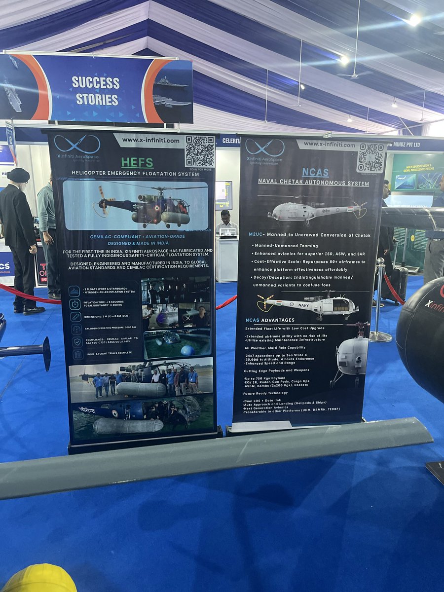 Arun_Golaya's tweet photo. Post 2 on #Swavlamban2026. 

Some amazing aviation innovation being undertaken by  @XinfinitiA under @India_iDEX for @indiannavy. 

HEFS (Helicopter Emergency Floatation System), the first fully designed & made-in-India CEMILAC-compliant safety-critical float for Naval Chetak (also later aimed at ALH) is ready for wide implementation after successfully completing development & trials in record time. This would probably be the fastest case in aviation. I personally have never come across CEMILAC clearance so fast. The stall allotted was number 1 & the place assigned for the display right under the banner which read ‘Success Stories’! That itself gives you an idea about the current status of induction. 

Another interesting ongoing case by the same startup is the NCAS (Naval Chetak Autonomous System) via M2UC manned-to-uncrewed conversion. Smart way to extend life of legacy platforms with autonomy, ISR/ASW capability and lower risk. Would also be useful for @adgpi, @IAF_MCC & @IndiaCoastGuard. With unmanned systems many limitations of night flying, high altitude & even payloads can be overcome. 

#NIIO #TDAC #AtmanirbharBharat 

(BTW, someone had commented, rather sarcastically, on my article on the naval helicopter history saying I should also check why the unmanned Chetak is not moving. I did. It is)
@BharatShaktiBSI @nitingokhale @ragebaitop