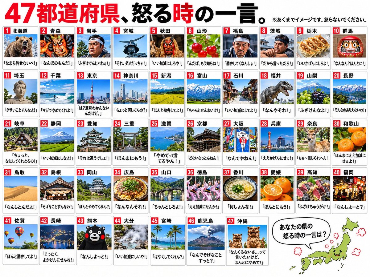 16frkk's tweet photo. 47都道府県
怒る時の一言はこれ… https://t.co/YIs5Rvj4p9