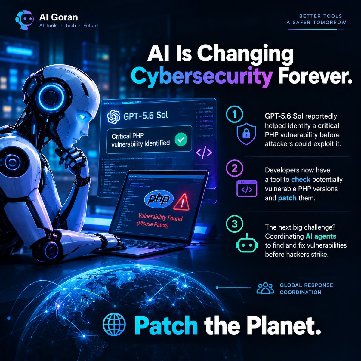 FALKUNAI9tech's tweet photo. 🚨 AI Is Changing Cybersecurity Forever.
1/ GPT-5.6 Sol reportedly helped identify a critical PHP vulnerability before attackers could exploit it. 🔐
2/ Developers now have a tool to check potentially vulnerable PHP versions and patch them. https://t.co/u5KvB2eeej