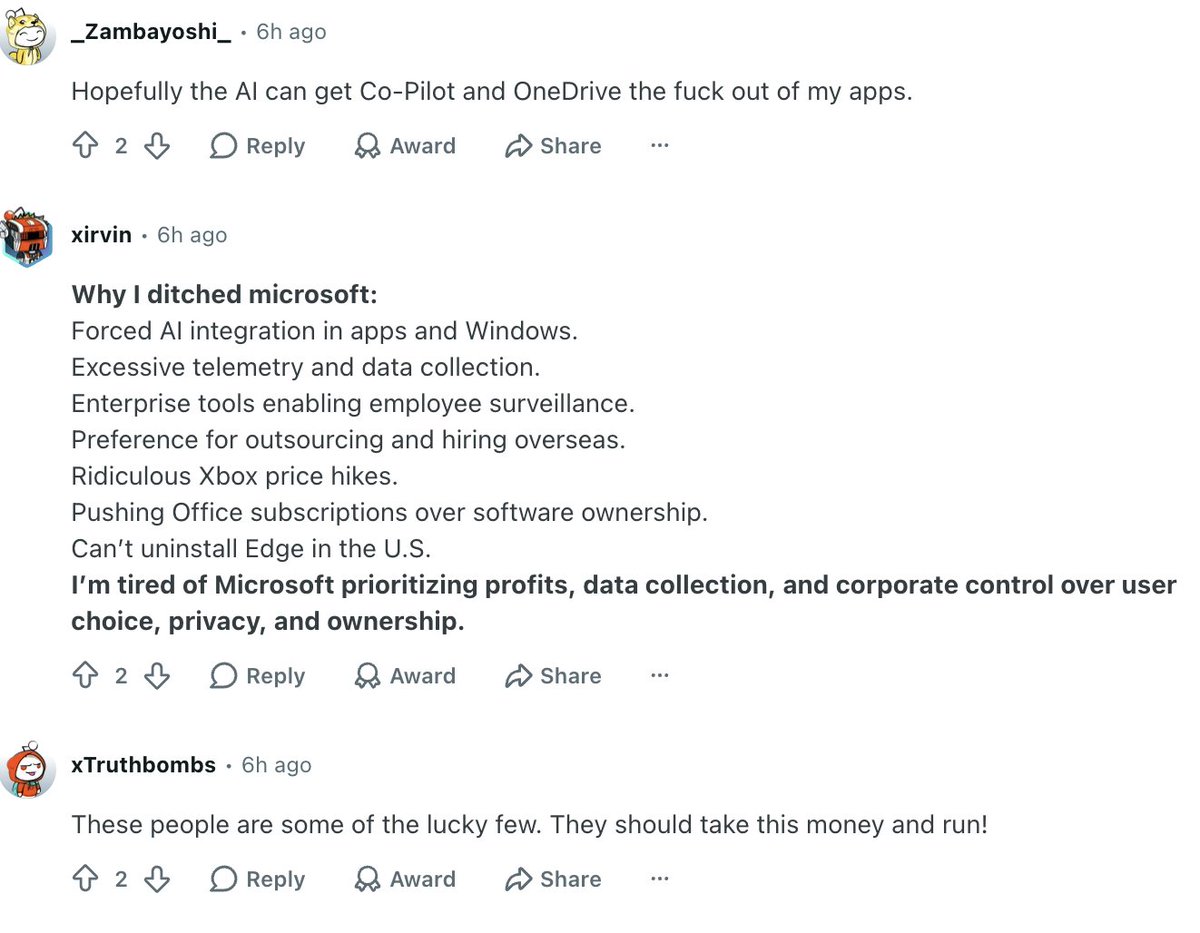 SabFloyd_'s tweet photo. Microsoft is reportedly offering voluntary buyouts to employees across four countries as AI and data center spending puts pressure on budgets.

The irony is hard to miss.

Big Tech is pouring billions into AI infrastructure while looking for ways to reduce the cost of its human workforce.

If this works, expect other tech giants facing similar spending pressures to take notes.

The AI boom isn’t just about what companies are building. It’s also about what they’re willing to cut to pay for it.