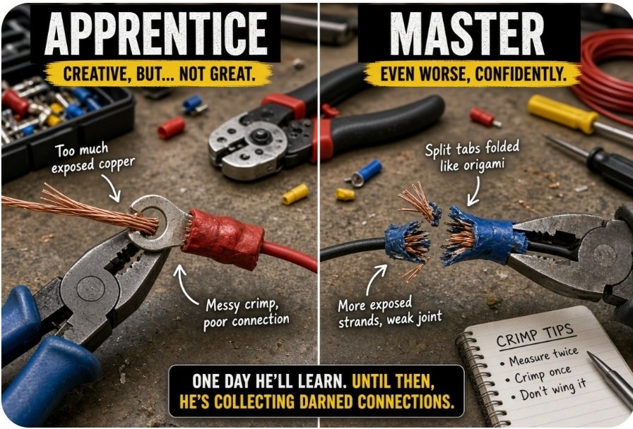 Ideallady5's tweet photo. Still waiting for the real master to show up with a proper crimp tool. 😂

Both methods are wrong. The “master” is just more confidently wrong.
No proper crimp tool, exposed wire, and a weak joint that can create hotspots. https://t.co/s2iJD5LQf4