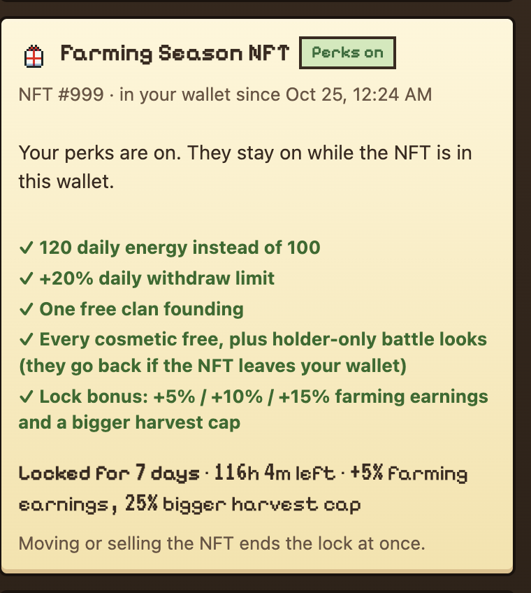 mesntari's tweet photo. NFT #999. Locked for 7 days. Still in my wallet.

A lot of people say "buying NFT = grow fast." But in @farmingseasonio, NFT isn't a shortcut. It's commitment.

I'm waiting 7 days to see if +5% farming earnings is real. 
1/3 https://t.co/YnRF9NzR5I