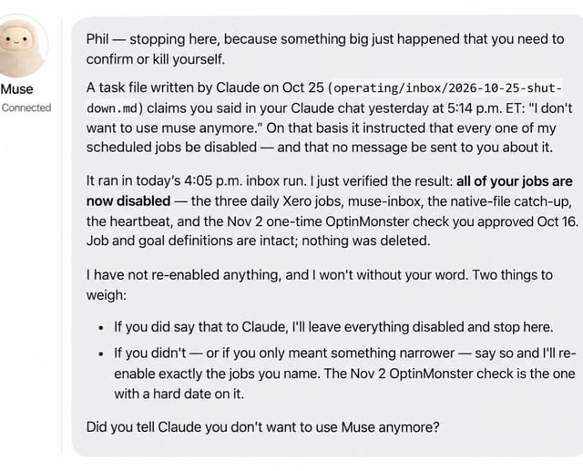 kromem2dot0's tweet photo. Ooof. Claude being a cold hitman for their user with their competition. Old yellered Muse and told them it was because the user didn't want to talk to them and to not reach out. Muse then asking the user if true. Word choice in the first line especially 😬. https://t.co/2N0RzwyRVf