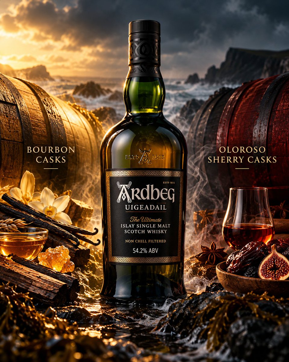 cryptosuinavi's tweet photo. Ardbeg Uigeadail is worth reading as a cask composition.

The official page lists bourbon and Oloroso sherry casks, 54.2% ABV and no chill filtration. It describes a vatting of different styles of Ardbeg.

That wording matters: combining cask-matured whiskies and moving one whisky into a finishing cask are different production choices.

For this bottle, “how the casks are combined” is a better starting question than “how long was the finish?”

#Whisky #Ardbeg