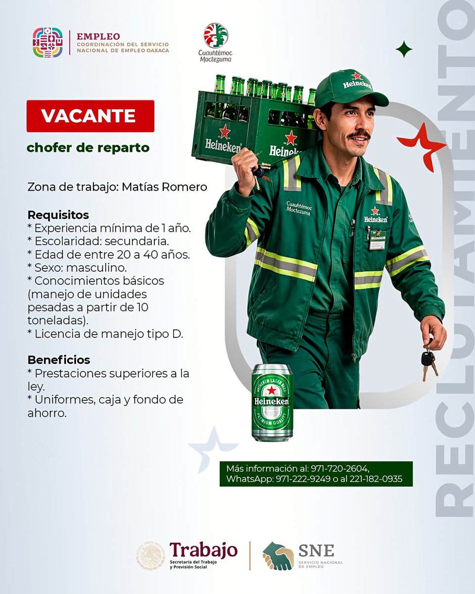 SNEOaxaca's tweet photo. #VACANTE PARA CHOFER DE REPARTO
Zona de trabajo: MATÍAS ROMERO

BENEFICIOS
▪ Prestaciones superiores a la ley
▪ Uniformes, caja y fondo de ahorro

MÁS INFORMACIÓN
☎ Teléfono 971-720-2604
📲 WhatsApp 971-222-9249 o al 221-182-0935

 #sne #oaxaca #empleo #istmo #oferasdeempleo https://t.co/xagsfCijL9