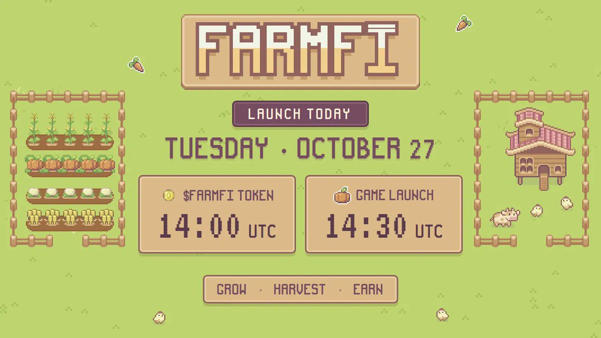 PlayFarmFi's tweet photo. 🌱 FarmFi LAUNCHES TODAY ON ROBINHOOD

📅 Tuesday, October 27
🪙 $FARMFI Token: 14:00 UTC
🎮 Game Launch: 14:30 UTC

Plant, harvest, upgrade your farm and earn $FARMFI 🚜
🎁 Like this post + drop your wallet address in the comments for a chance to WIN 1 OF 10 FREE MINTS!

🏝️ Farm NFT Mint: October 28