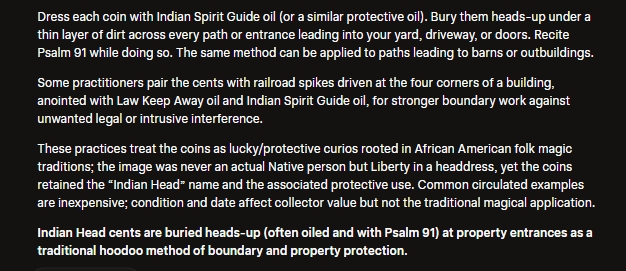 t0nz0funnn's tweet photo. Head cents from (US 1859–1909) pennies showing Liberty in a Native American style headdress are used in traditional hoodoo/folk magic. https://t.co/t4ZcHh5UHr