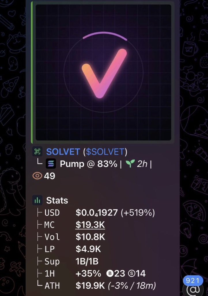 Sol_Ficra's tweet photo. $SOLVET presented at $19.3K MC 🚀🔥
Early entry 👀
CA: 3734SDUqg5nV3DmrK7ZZ1QvK7TVmJMBJbQUQqVNtpump
#SOLVET #memecoin #Solana #crypto https://t.co/92KiU4YWqD