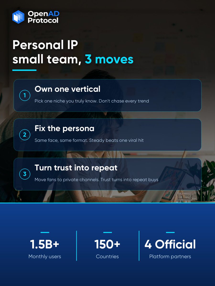 OpenAD_Protocol's tweet photo. Stop Buying Ads. Build A Personal IP Instead.

Cross-border traffic keeps getting pricier. Ads buy one hit of exposure, stop paying and it stops 😅 

What actually compounds is a personal IP.

A personal IP isn't about becoming an influencer. It's letting overseas users remember a real person👉someone who knows the category, keeps sharing real know-how, and earns trust. 

On TikTok, a real face talking products and pitfalls grows faster than a faceless brand account.

Small teams actually have the edge, fewer people, faster moves, real faces, authentic vibe. 

Three moves to start:👇
① pick one vertical you truly know, don't chase every trend; 
② lock a persona and a recurring format, steady posting beats one viral hit; 
③ move trusting fans into private channels and community, repeat buys follow (we covered that step before 👀).

Big companies buy traffic. Small teams compound trust. Follow us 👀 and grow steady.

#OpenAD #TikTokGlobal #PersonalIP #SmallTeam #OverseasGrowth