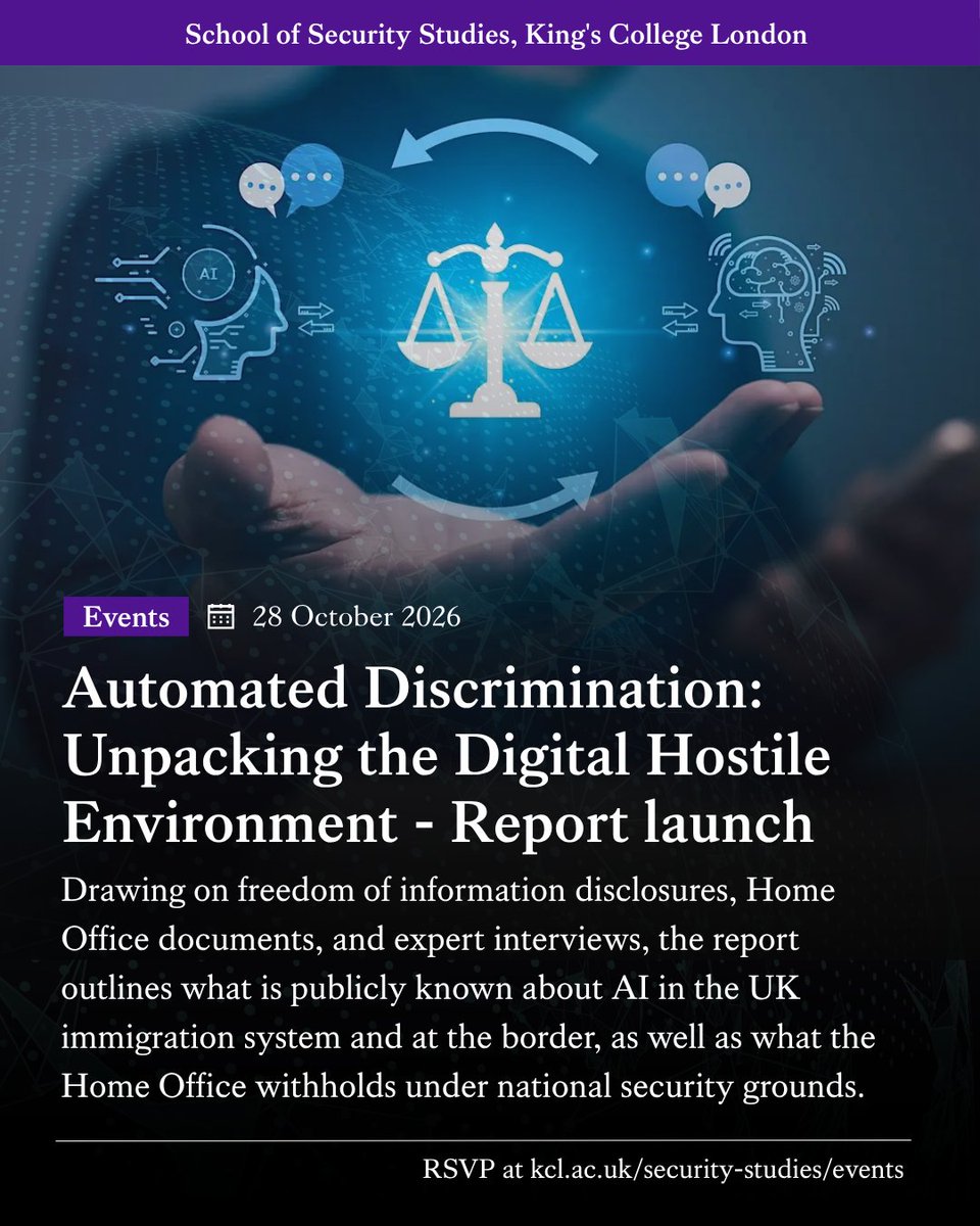 KCLSecurity's tweet photo. ⏰TOMORROW: The report reveals what is known about #AI in the #UK #immigration system, based on freedom of information disclosures and expert interviews, while noting what the Home Office keeps secret for national security.
🗓️28 Oct|🕠17:30|📍Strand Campus
https://t.co/6mX87I7TDm https://t.co/os07eN7Gic