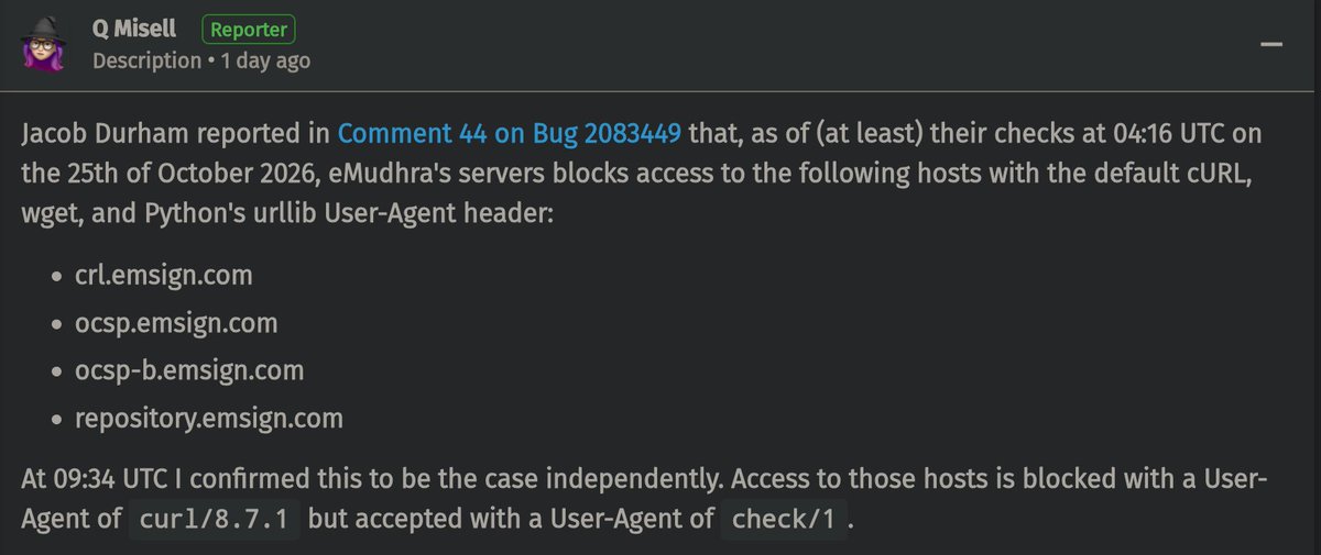 kingslyj's tweet photo. eMudhra has been blocking curl/wget/python urllib User-Agent headers from accessing CRLs

https://t.co/C48eRbreLE https://t.co/Yh6wqhFFW0