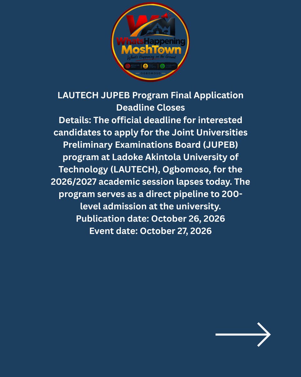 Oluwadara973541's tweet photo. Ogbomoso News Update — October 27, 2026: LAUTECH, Interswitch and local security developments make today's headlines.
#OgbomosoNews #LAUTECH #OgbomosoUpdates #WhatsHappeningMoshTown https://t.co/zLWI86eo1H