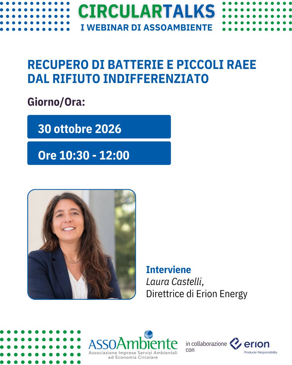 assoambiente's tweet photo. Una parte delle batterie esauste viene ancora conferita erroneamente nel rifiuto indifferenziato, sottraendo materiali ai circuiti dedicati di raccolta e riciclo.
Quali opportunità esistono per intercettare questi flussi e migliorare il recupero delle risorse?
Sarà uno dei temi del prossimo #CircularTalks di ASSOAMBIENTE, organizzato in collaborazione con @ErionSistema, al quale interverrà Laura Castelli, Direttrice di Erion Energy.
Un confronto sulle possibilità tecniche ed economiche di recuperare batterie e piccoli RAEE dal rifiuto urbano residuo, a partire dai risultati di uno studio realizzato con il Politecnico di Milano.
30 ottobre | 10:30 -12:00 | Online
𝗣𝗲𝗿 𝗶𝘀𝗰𝗿𝗶𝘃𝗲𝗿𝘀𝗶: 𝗮𝘀𝘀𝗼𝗮𝗺𝗯𝗶𝗲𝗻𝘁𝗲@𝗮𝘀𝘀𝗼𝗮𝗺𝗯𝗶𝗲𝗻𝘁𝗲.𝗼𝗿𝗴
𝗢𝗴𝗴𝗲𝘁𝘁𝗼: 𝗖𝗶𝗿𝗰𝘂𝗹𝗮𝗿 𝗧𝗮𝗹𝗸 “𝗥𝗘𝗖𝗨𝗣𝗘𝗥𝗢 𝗕𝗔𝗧𝗧𝗘𝗥𝗜𝗘 𝗘 𝗣𝗜𝗖𝗖𝗢𝗟𝗜 𝗥𝗔𝗘𝗘”.