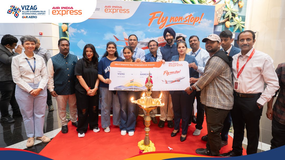 asrvizagairport's tweet photo. A little celebration in Vizag. A whole new journey to Bangkok. ✈️🇹🇭

We celebrated the launch of Air India Express’ non-stop Visakhapatnam–Bangkok service at Alluri Sitarama Raju International Airport, alongside our airline partners, airport teams and passengers.

From lighting the ceremonial lamp to welcoming our first travellers, here’s a look at the moments that made this launch special.

Thank you to everyone who helped bring this connection to life. Bangkok, here we come!
@AirIndiaX 
#manaairport #gatewaytotheeast #airindiaexpress #bangkok