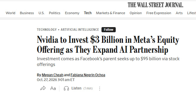 EdgeForgeUS's tweet photo. 🚨 BREAKING NEWS:
$META
EXPANDS AI PARTNERSHIP WITH
$NVDA
$NVDA

is reportedly planning to invest $3 billion in
$META
’s equity offering, according to The Wall Street Journal. Meta is looking to raise up to $95 billion through stock offerings to support its growing AI https://t.co/4Jz4B4D2Gl