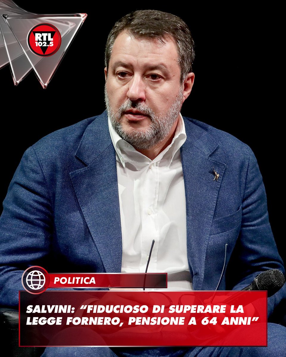 rtl1025's tweet photo. 🗣️ "La priorità per la Lega da tempo, e finalmente ci siamo arrivati, è superare la legge Fornero quindi restituire tre anni di vita a chi sceglierà di andare in pensione a 64 anni rispetto ai 67". Lo afferma il vicepremier e ministro dei Trasporti, Matteo Salvini, su Radio 24. "Sono fiducioso nel riuscire a mantenere un impegno che la Lega ha preso già diversi anni fa e nelle scorse leggi di bilancio, per altri problemi, non siamo riusciti a portare a casa". "Il Mef e l'Inps stanno stimando il costo, sicuramente ci sarà la copertura necessaria per permettere a chi ha versato i contributi di riavere indietro almeno i suoi contributi".

📸 ANSA/MOURAD BALTI TOUATI