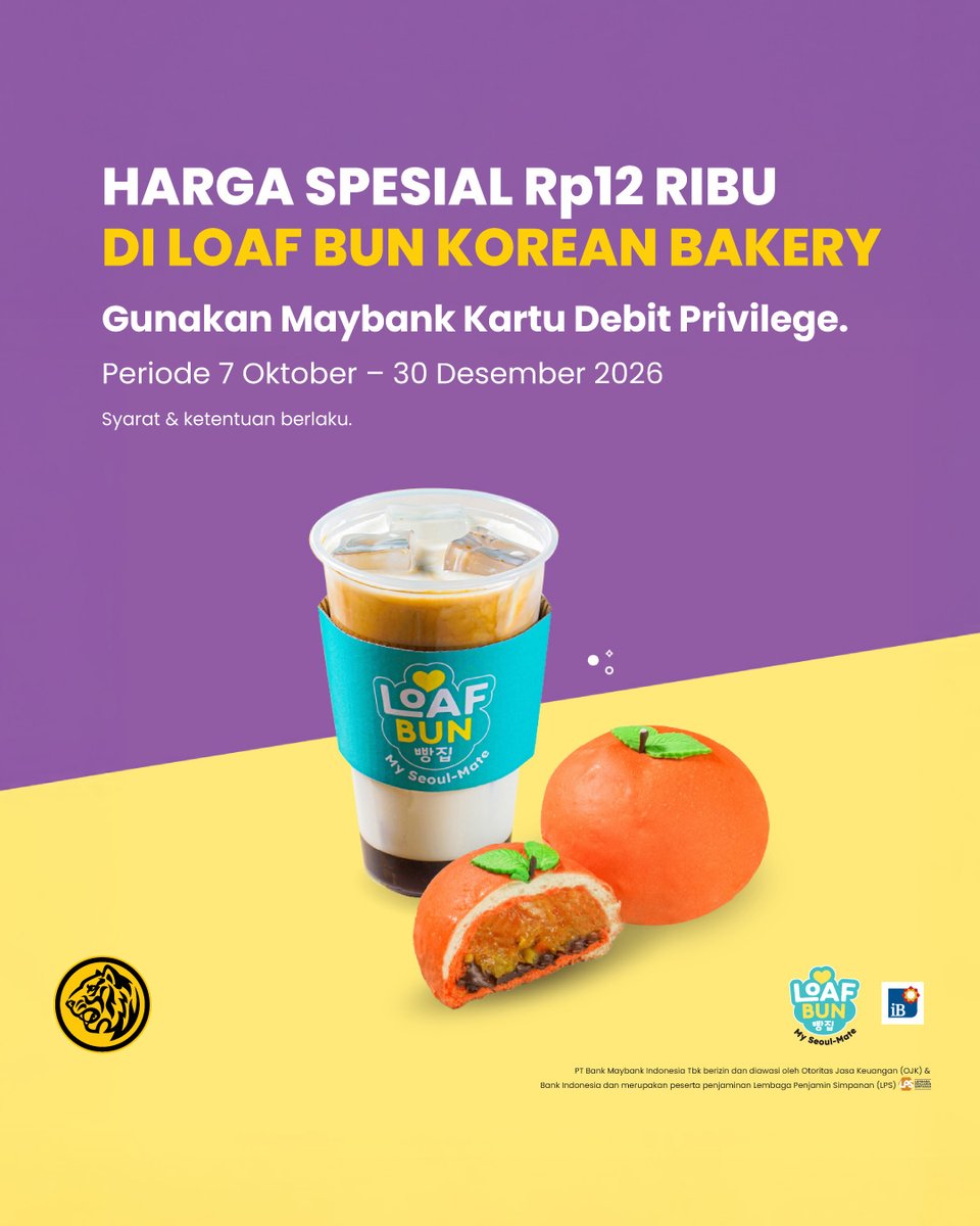 MaybankID's tweet photo. Loaf Bun
Jajan di hari Rabu makin seru dengan kelezatan Daebak Combo 1 roti dan 1 minuman hanya Rp12 ribu menggunakan Maybank Kartu Debit Privilege di Loaf Bun.
Periode 7 Oktober – 30 Desember 2026
Info: https://t.co/uzeQAWePX9
Syarat & ketentuan berlaku
#Maybank #MaybankOffers #RoarLouder