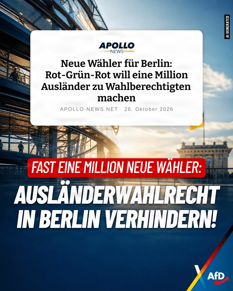 AfD's tweet photo. Linke, SPD und Grüne wollen das Berliner Wahlrecht aushebeln. Wer schon nach fünf Jahren wählen darf, entwertet den deutschen Pass. Die AfD kämpft entschlossen gegen diese Entkopplung von Staatsbürgerschaft und Demokratie.

Quelle: https://t.co/VM4Brdx9my https://t.co/lOAnTezvbu