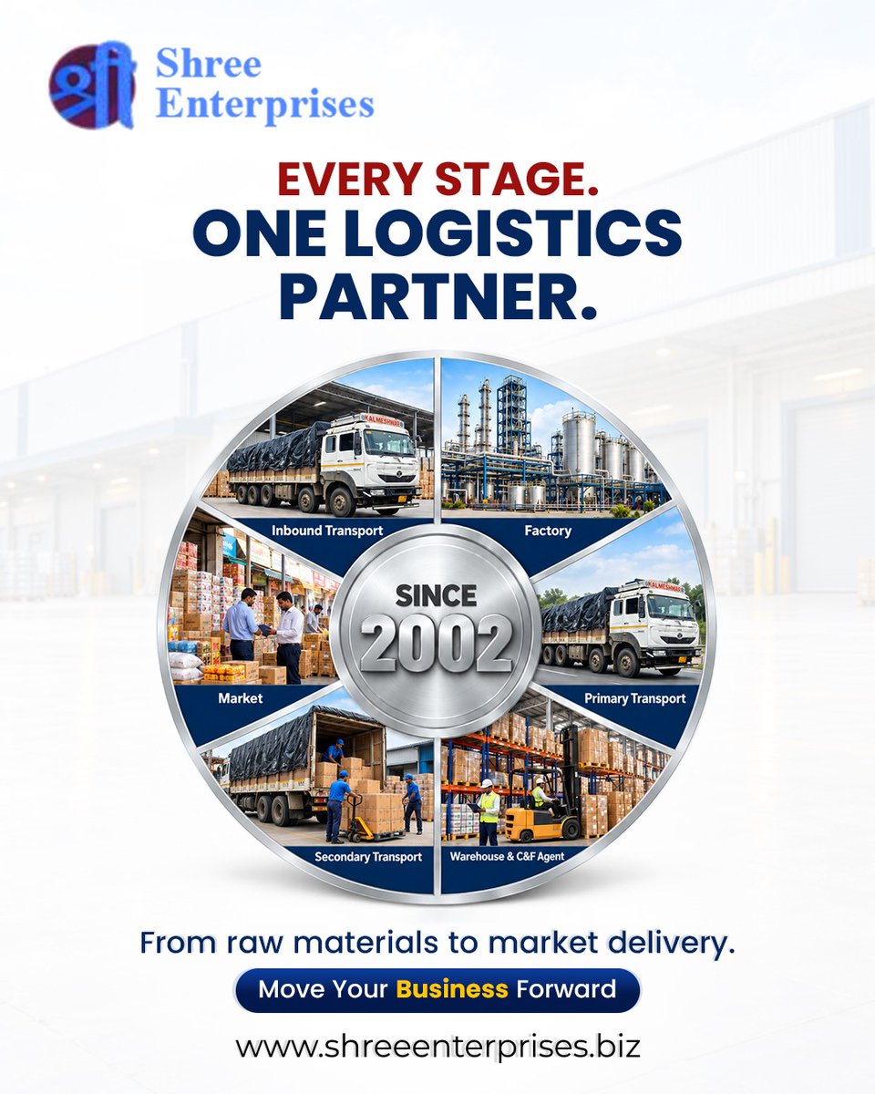 SHREEENTER62066's tweet photo. From raw material transport to warehousing and market delivery, Shree Enterprises connects every stage of your supply chain. Supporting businesses since 2002 with transport, warehousing and C&amp;F services.

#shreeenterprises #logisticssolutions #transportationservices #warehousing https://t.co/3gtKAEQdBr
