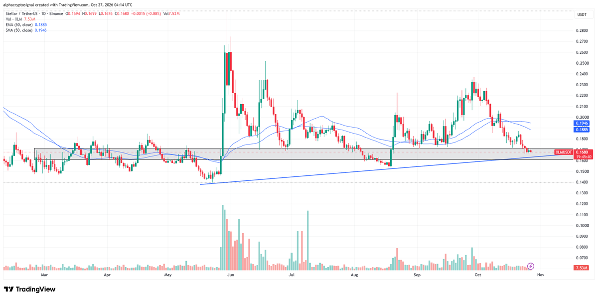 alphacryptosign's tweet photo. stellar:native is back at the confluence of horizontal support and the rising trendline.

Price is ~0.168. That zone has held before. Long on a clear bounce from it. Next resistance sits near the 50 EMA around $0.19.

A daily close under the trendline kills it. https://t.co/e3Oi51dofj