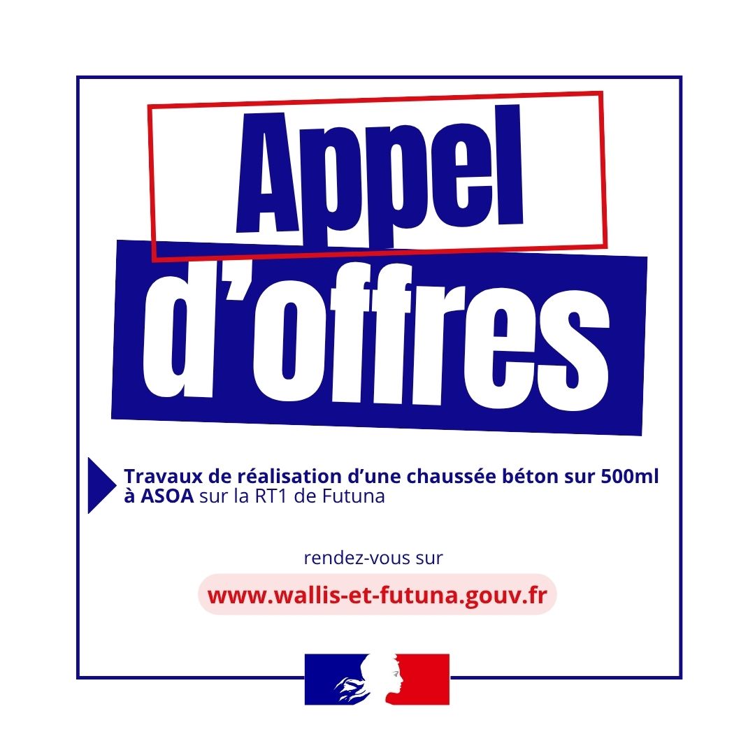Prefet986's tweet photo. 📌 #AppelDOffres
L'Administration Supérieure des Îles Wallis et Futuna lance le marché public suivant :
👉 Travaux de réalisation d’une chaussée béton sur 500ml à ASOA sur la RT1 de Futuna 
 
➕ d'infos sur🔗https://t.co/z7cpzbozoj https://t.co/0mSYOXwqba