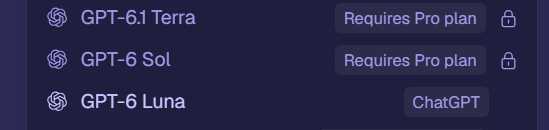 Key1k12024's tweet photo. @realaliarain There seems to be a bug with BYOK. After connecting my ChatGPT subscription, only GPT-6 Luna and GPT-5.6 Terra are available. All other models are missing! Is this a known issue or an intentional limitation? https://t.co/lkGt4UGxef