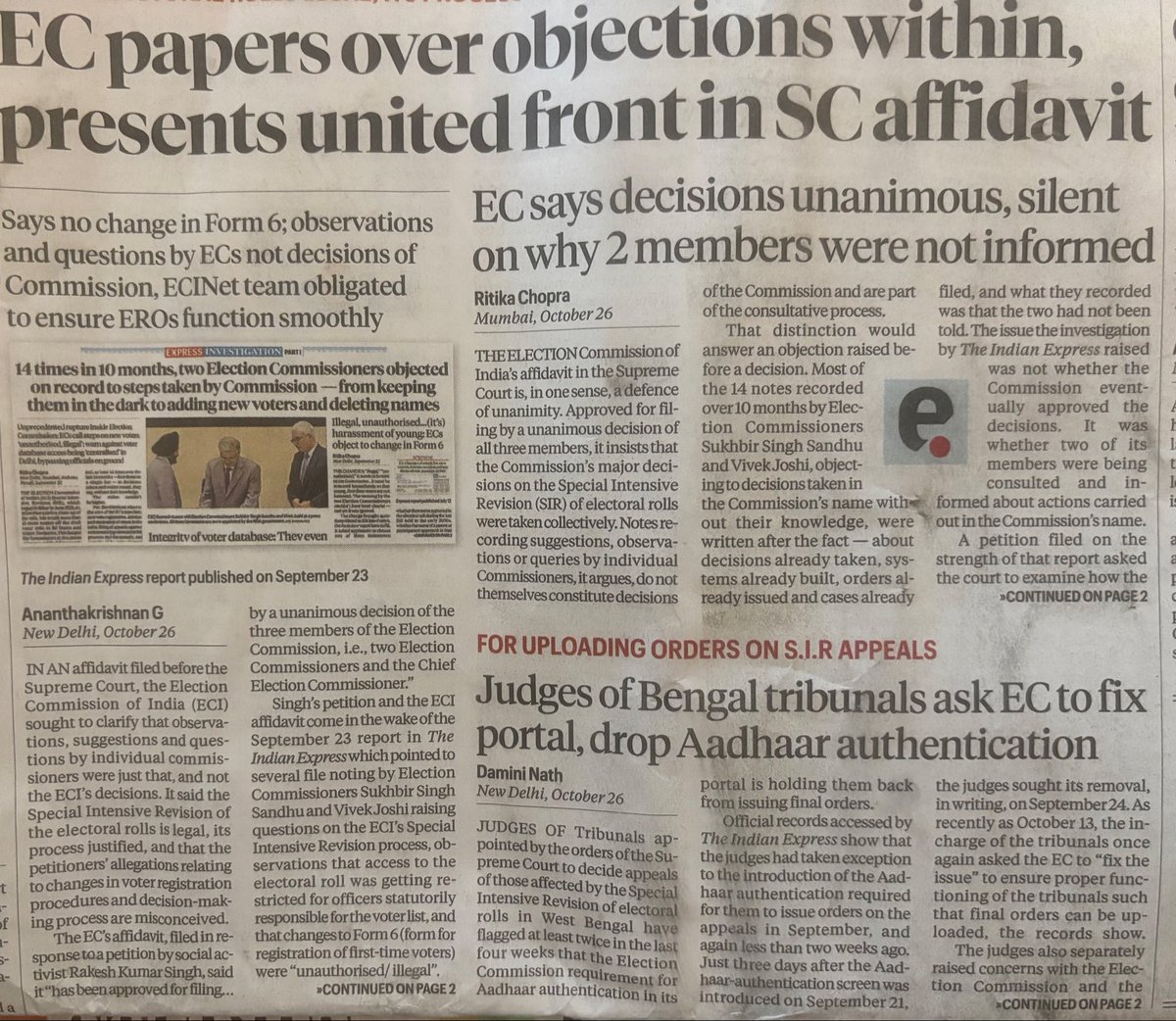 pbhushan1's tweet photo. EC files an affidavit that everything CEC did had the approval of the whole commission. Totally false as exposed by the Indian Express, from the dissent notes of the other ECs &amp; their complaint to the Cabinet Secretary. Gyanesh Kumar should be prosecuted for perjury too https://t.co/x3b7iubwo7