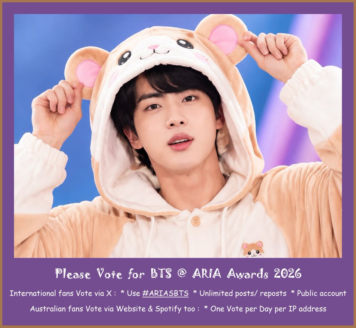 AnniewithTannis's tweet photo. @ARIA_Official @bts_bighit @SpotifyAU Voting for #ARIASBTS

💜 Kim Seokjin
aka Jin https://t.co/balyXNW4EW