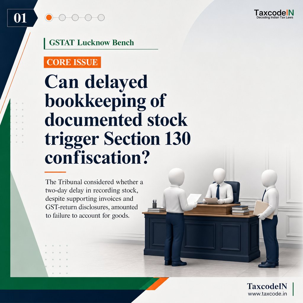 taxcodeIN's tweet photo. GSTAT Lucknow Bench: Delayed bookkeeping backed by a prior invoice, book entries and GST returns is distinct from an unaccounted transaction for Section 130 confiscation. Revenue’s appeal was dismissed; deletion of Rs. 1.89 lakh demand was upheld.

https://t.co/JEwniyTphe https://t.co/sDmJdQJKdH