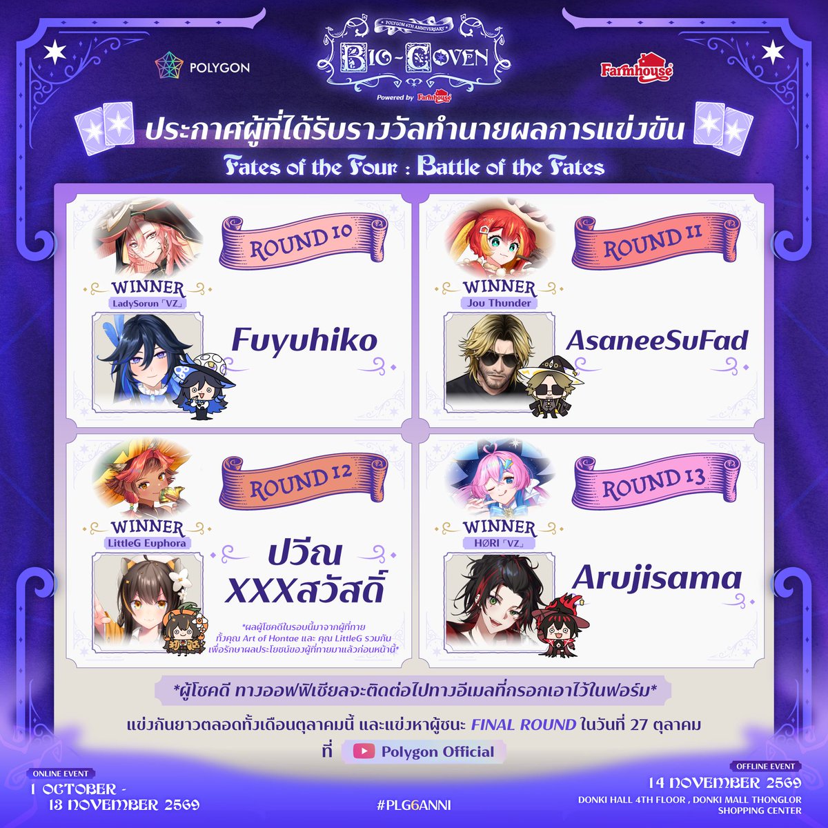 Polygon_Project's tweet photo. 🪄 Polygon 6th Anniversary : BIO - COVEN 📜
#BIOCOVEN #PLG6ANNI #PolygonProject

~ ✶ ~

ประกาศรายชื่อผู้โชคดีที่สามารถทำนายผลการแข่งขันได้ถูกต้องในแต่ละรอบ!
.
🏆 ROUND 10 📍 Augustine Ch. ผู้ชนะคือ LadySorun『VZ』
ผู้โชคดีคือ " Fuyuhiko "
.
🏆 ROUND 11 📍 Fumi Hausu ผู้ชนะคือ Jou Thunder
ผู้โชคดีคือ " AsaneeSuFad "
.
🏆 ROUND 12 📍 Hoku Ch. ผู้ชนะคือ LittleG ch. Euphora
ผู้โชคดีคือ " ปวีณ XXXสวัสดิ์ "
*ผลการสุ่มนี้มาจากรายชื่อที่ทาย Art of Hontea และ LittleG รวมกันเพื่อไม่ให้เสียผลประโยชน์ของคนที่โหวตมาก่อนหน้านี้ค่ะ*
.
🏆 ROUND 13 📍 Tamami Ch. ผู้ชนะคือ HØRI 07 ⌜VZ⌟
ผู้โชคดีคือ " Arujisama "
.
🎉 ขอแสดงความยินดีกับผู้โชคดีทุกท่านด้วย!
ทีมงานจะติดต่อกลับไปยัง อีเมลที่ท่านกรอกไว้ในแบบฟอร์ม เพื่อแจ้งรายละเอียดการรับของรางวัล
อย่าลืมตรวจสอบอีเมลของคุณด้วยนะ
.
🃏 Fates of the Four : Battle of the Fates 🃏
Final ROUND
📅 27 NOVEMBER 2026
⏰ เวลา 19:00 น.
📍 YouTube : Polygon Offcial
.
✶✶✶✶✶✶✶✶✶✶✶✶✶✶✶✶✶✶✶✶✶
.
🔮 ร่วมทำนายและส่งผลโหวตผู้เล่น MVP ได้ที่
https://t.co/3odtkyqKdS
.
ใช้เวทแห่งการหยั่งรู้ของท่านให้ดี
เพราะทุกคำทำนาย อาจเปลี่ยนเส้นทางแห่งโชคชะตาได้

~ ✶ ~

🖥️ Online Event 1 ตุลาคม - 13 พฤศจิกายน
📜 วันเสาร์ที่ 14 พฤศจิกายน 2026
🏰 ณ Donki Hall 4th floor, Donki Mall Thonglor Shopping Center
🎫 ซื้อ WITCH'S PASS https://t.co/vCiiFBxoSN
.
🔹 รายละเอียด BIO - COVEN https://t.co/C8i1pHdcIv
🔹 กิจกรรมการโหวตผู้เล่น https://t.co/VI8l7JqVxI
🔹 ตารางการแข่งขัน และแขกรับเชิญ https://t.co/cBYTydEbZD
🔹 กติกาการเล่น Fates of the Four https://t.co/7yGVtRtUjN
🔹 รายละเอียด WITCH'S PASS https://t.co/dz25Fc6l3J
🔹 กิจกรรม Offline https://t.co/bu9rFhdkDT
🔹 Potion Shop https://t.co/ocGieYM2MK
🔹 คุณอยู่อาณาจักรไหนใน BIO - COVEN https://t.co/4uyTYUhPxC
🔹 ประกาศเปลี่ยนแบบเสื้อ https://t.co/WJptMJJTlH
🔹 รวมข้อมูลของทุกคน https://t.co/FKH6lEj27r
🔹 Merchandise Pre-Sale https://t.co/C8I2hWOMhP
🔹 กิจกรรมต่อเพลง Witch's Rhyme https://t.co/DXrJUIyMAu
🔹 กิจกรรมแนะนำตัว Coven Enrollment https://t.co/DvlLxWWOkB

~ ✶ ~