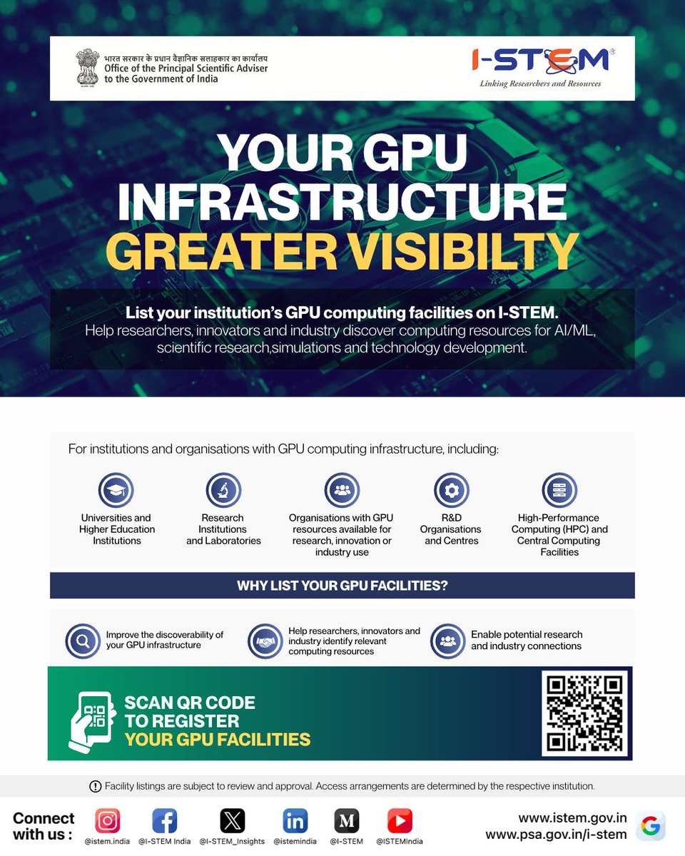 ISTEM_Insights's tweet photo. Institutions & eligible organisations can now list their GPU facilities on I-STEM, helping researchers, startups & industry discover computing resources for AI/ML, research & innovation.
👉 Scan QR Code to Register your GPU facilities
#ISTEM #GPUComputing @PrinSciAdvGoI https://t.co/aUucEJNxed