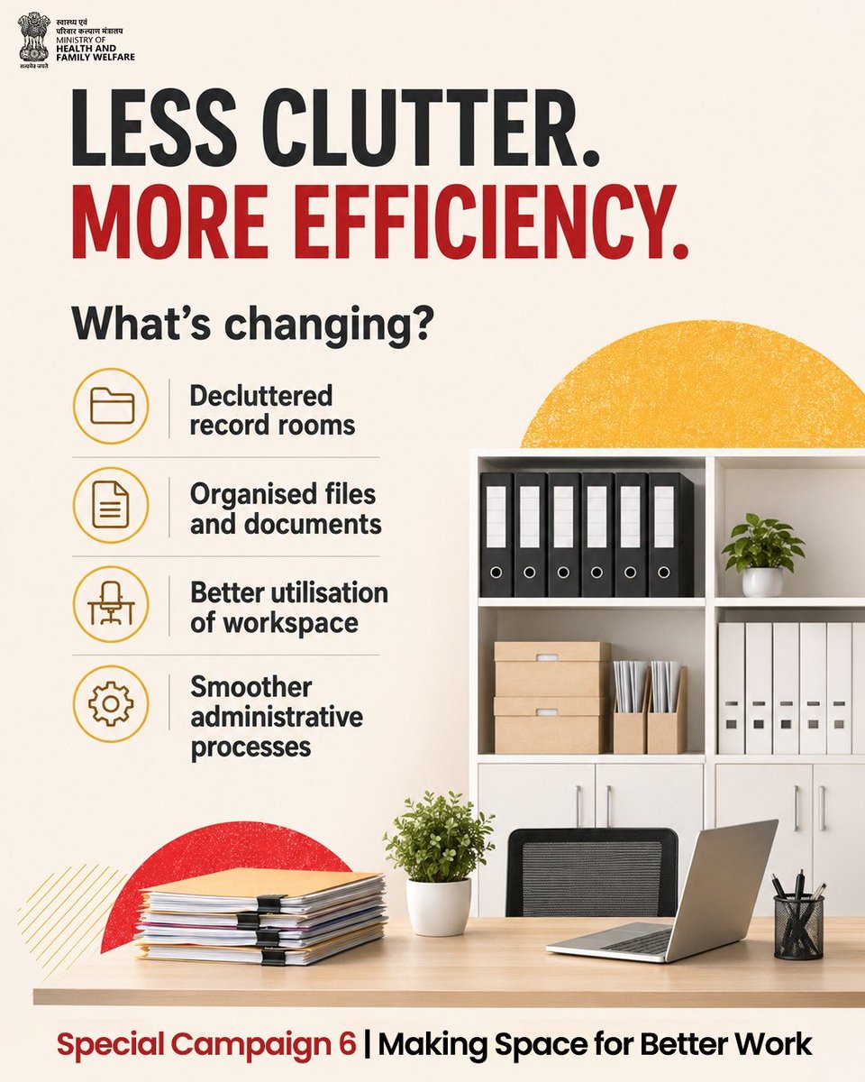 RHTCdelhi's tweet photo. LESS CLUTTER, MORE EFFICIENCY

Organised workspaces, systematic records and accessible files promote efficient administration, better space utilisation and higher productivity.

#SpecialCampaign6 #SafaiMeinBhalai #CleanToCare https://t.co/9chCXQiNHG